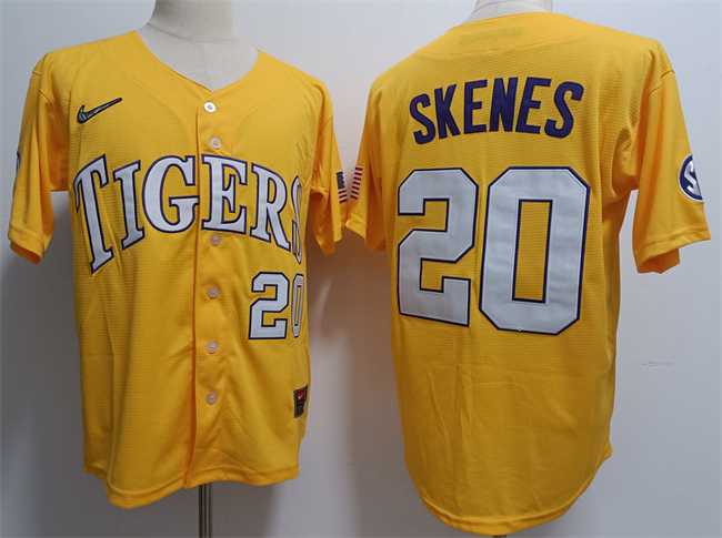 Mens LSU Tigers #20 Paul Skenes Gold 2023 Stitched Baseball Jersey Dzhi